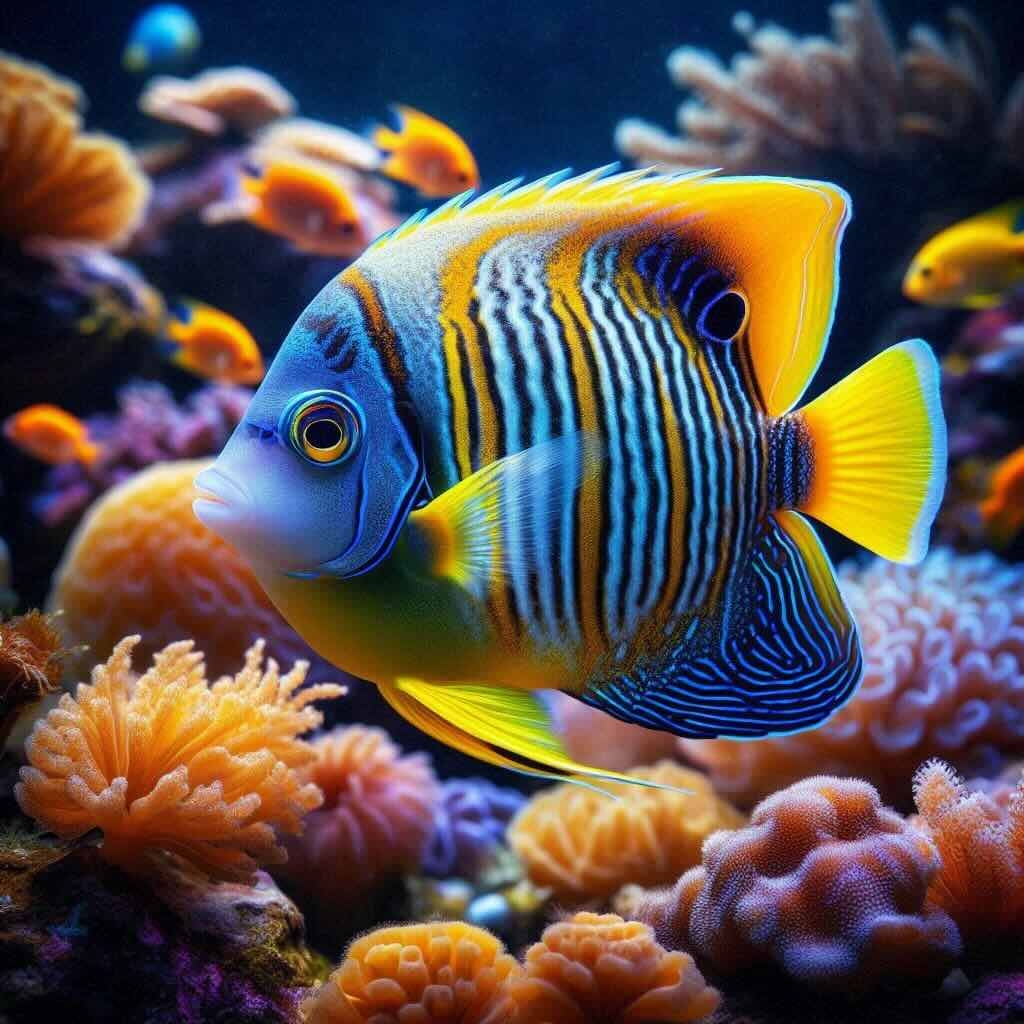 A healthy angelfish swims in clean water, has yellow and blue stripes, thriving in its natural saltwater environment.