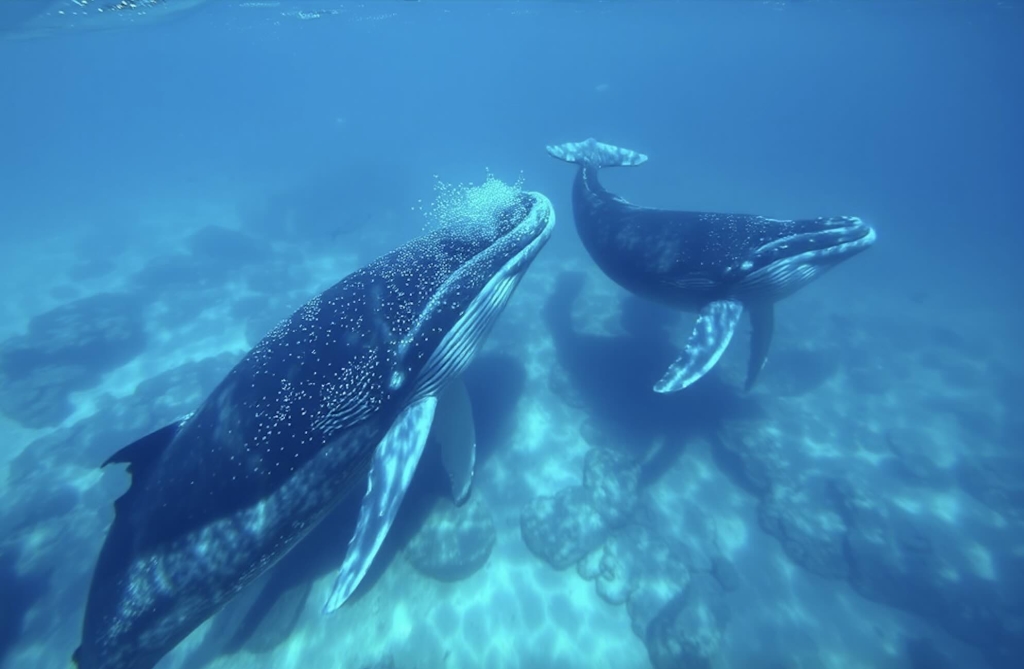 Two humpback whales glide effortlessly in the crystal-clear ocean of the Kerama Islands, Japan.