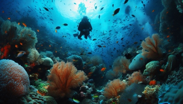 Scuba divers exploring coral reefs and colorful fish at dive sites