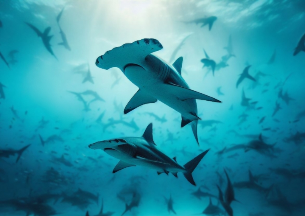 Hammerhead sharks swim together through the clear waters of the Galapagos Islands