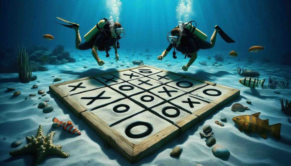 Underwater scene of two scuba divers enjoying a game of tic tac toe on a unique board, with marine life swimming around them.