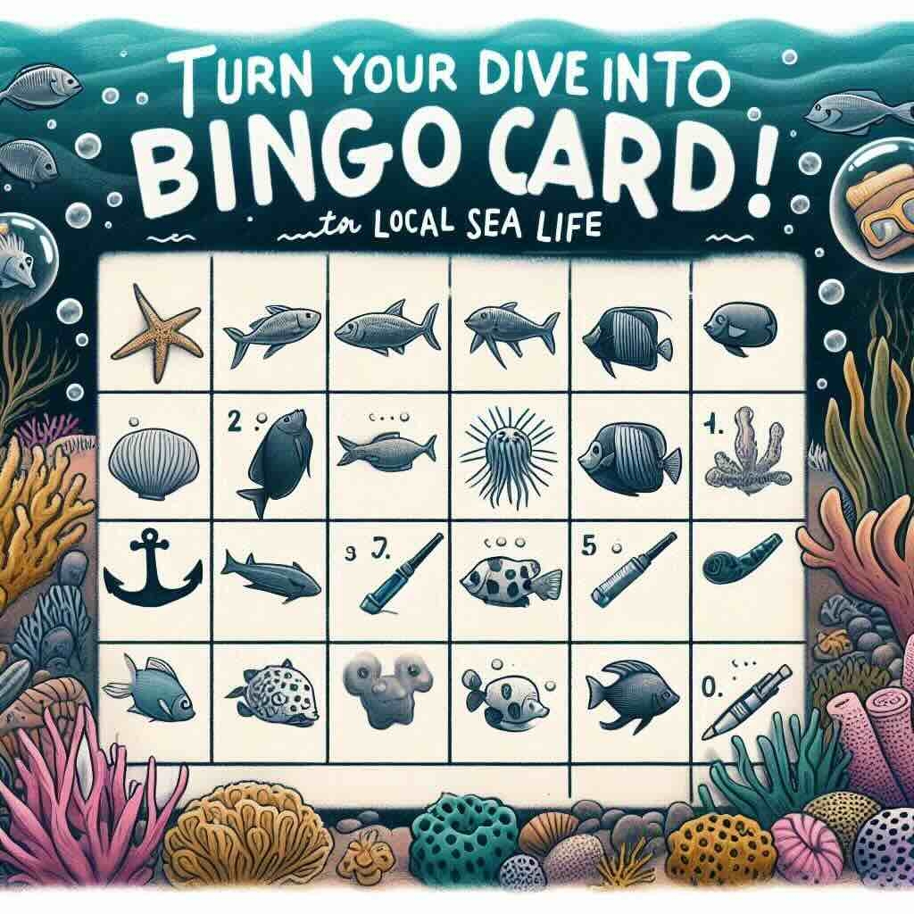 Fun bingo card for divers to track local sea life seen during dives, turning exploration into a friendly competition.