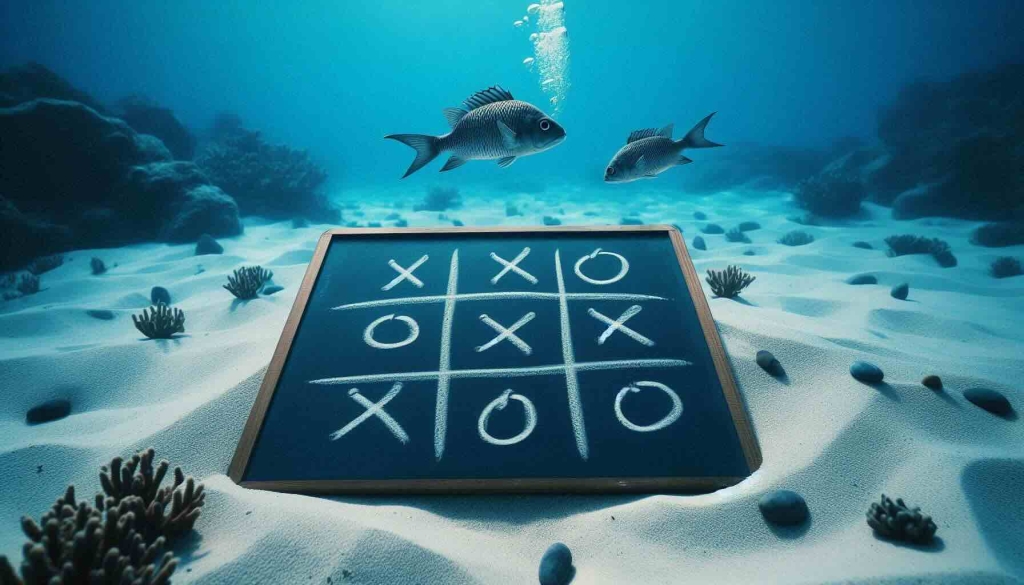  Fish glide through the ocean beside a sandy area featuring a Tic-Tac-Toe game, perfect for divers to enjoy underwater.