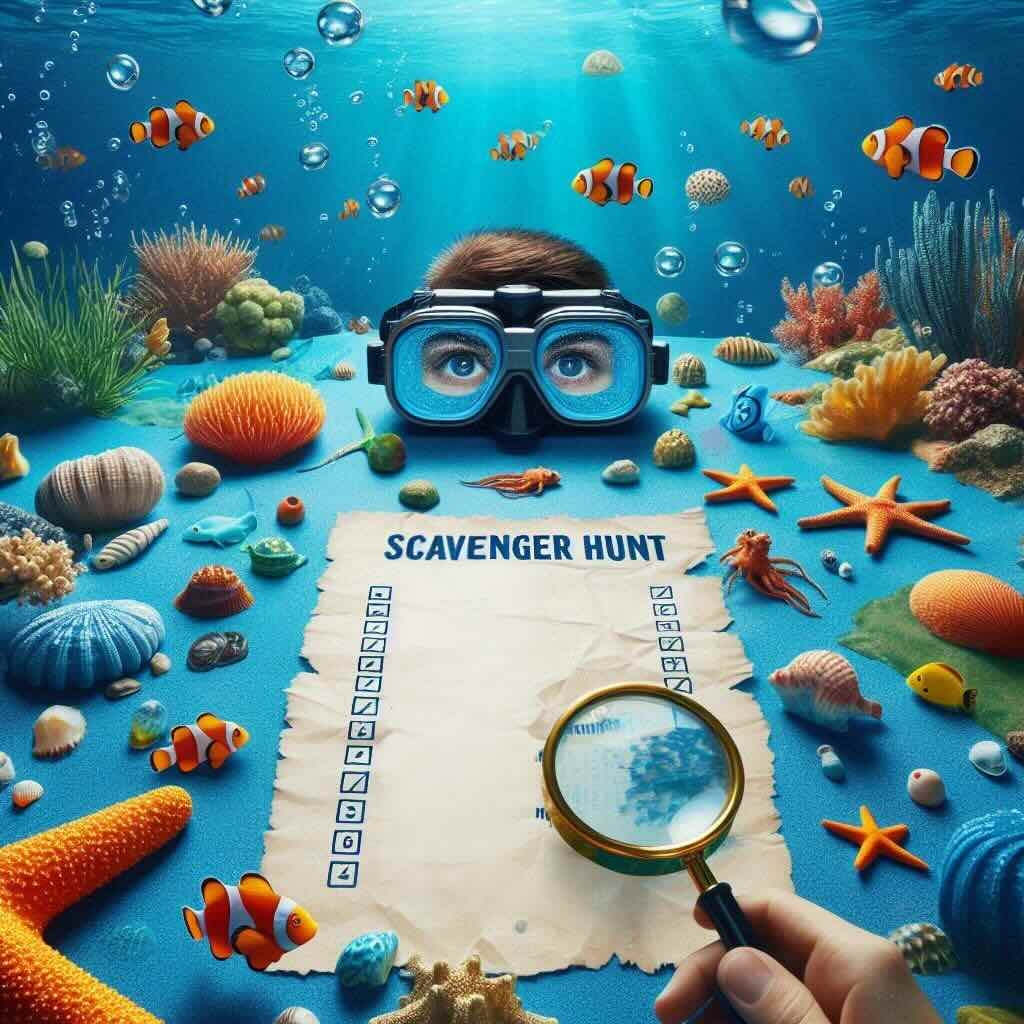 Underwater scavenger hunt 3D illustration, highlighting diverse marine species and a checklist for an exciting game experience.