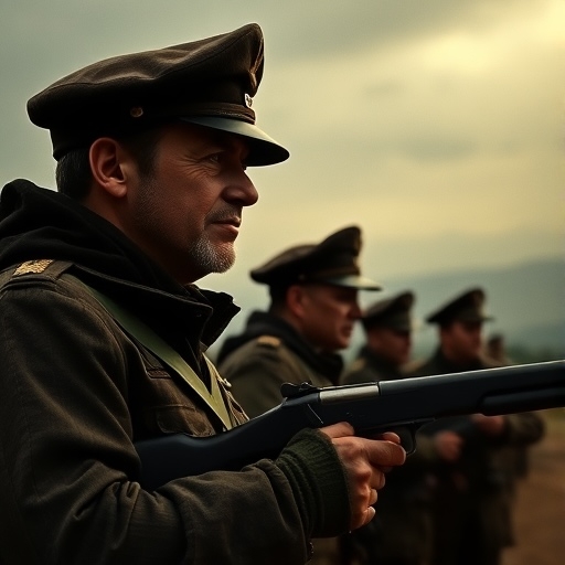 A uniformed soldier with a rifle stands proudly before his peers, symbolizing the dedication of 'Men of Honor'.