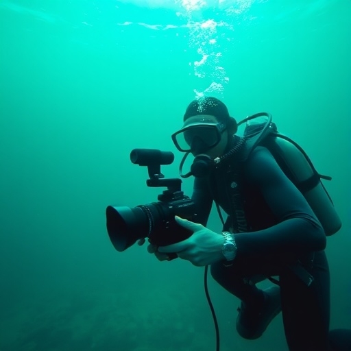 An underwater videographer in scuba gear holds a camera, documenting the vibrant marine environment around him.