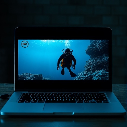 A laptop featuring a scuba diver on the screen, showcasing scenes from exciting scuba diving movies.