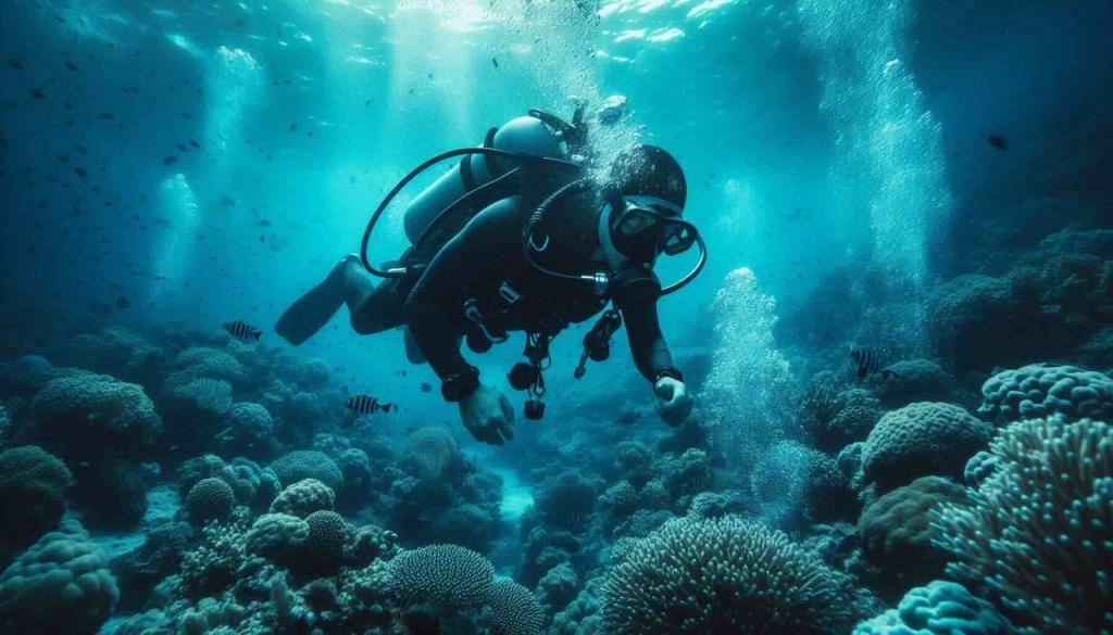 A scuba diver exploring colorful coral reefs in the ocean, demonstrating skillful movement while protecting marine life.