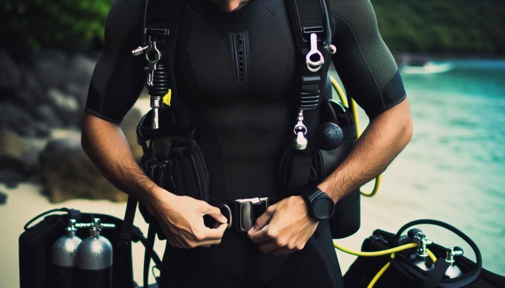  A scuba diver in a wetsuit stands on the beach, equipped with dive weights for optimal buoyancy before diving.