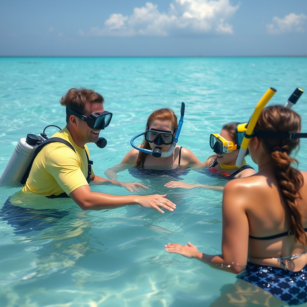 A snorkeling guide helping beginners learn to snorkel in shallow water