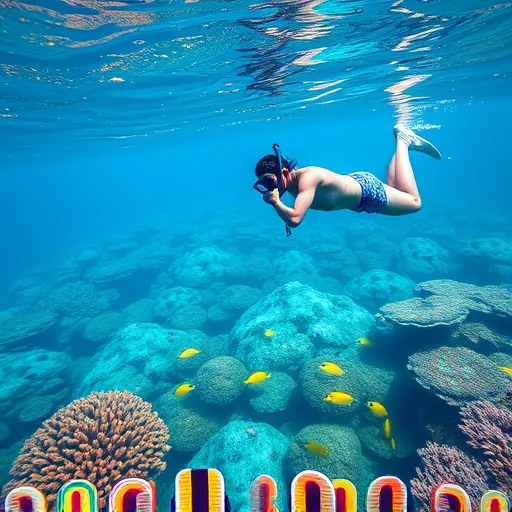 A person snorkeling above a colorful coral reef, looking at tropical fish