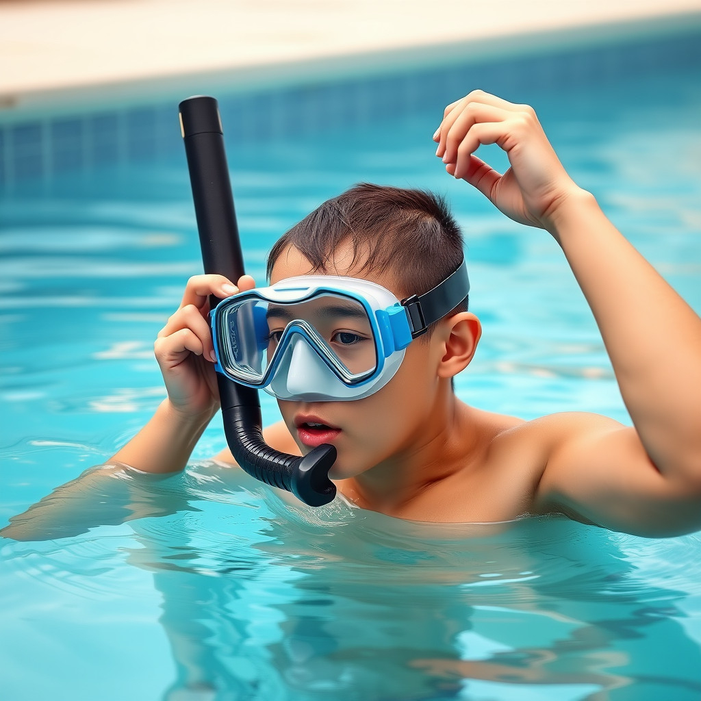 A beginner practicing snorkeling gear in a pool to get comfortable before ocean snorkeling