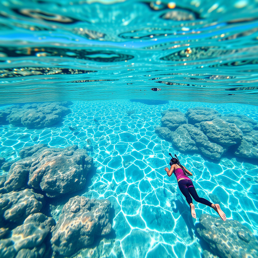 A calm, shallow bay with clear water ideal for beginner snorkelers