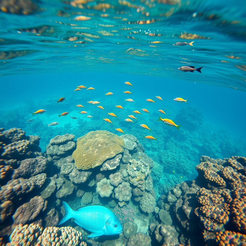 A snorkeler observing vibrant marine life and coral reefs from the surface