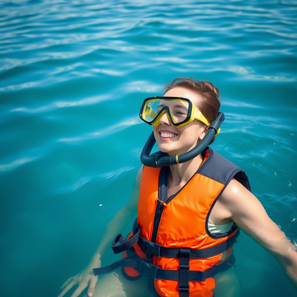 A non-swimmer with flotation devices to snorkel safely in calm ocean waters