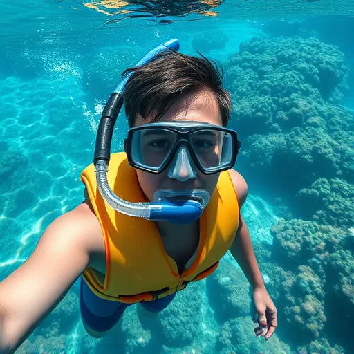 Non-swimmer using flotation device to snorkel safely over a vivid coral reef