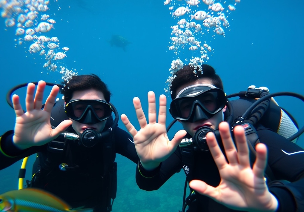 Two scuba divers having their photo taken underwater, creating bubbles as they exhale. enjoying their holiday.