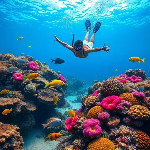 A snorkeler floating on the surface above colorful coral reefs, surrounded by marine life like colourful fish