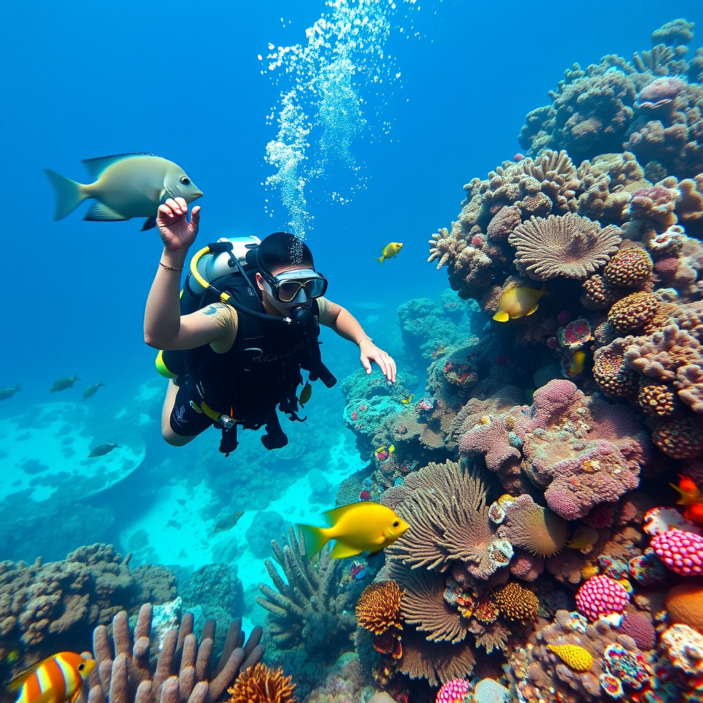 A scuba diver observing a coral reef without touching, showing environmental responsibility