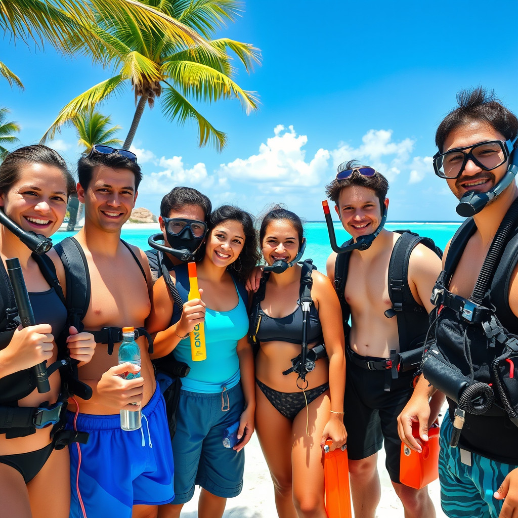 A group of friends preparing for snorkeling and scuba diving on a beach, excited to start their underwater adventure