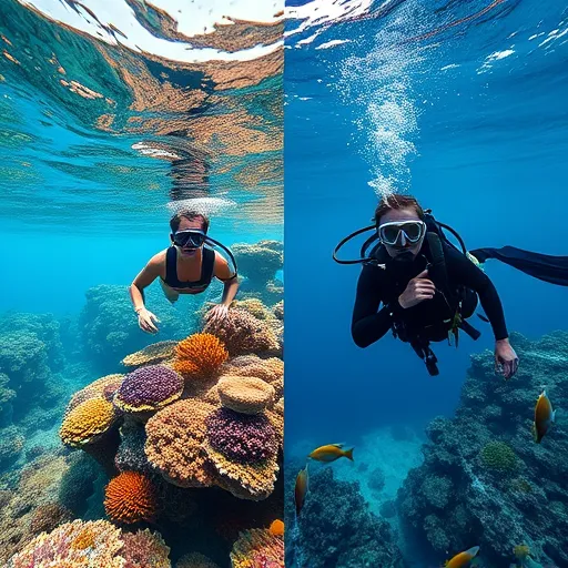 Underwater scene featuring a snorkeler near the surface and a scuba diver exploring deeper waters