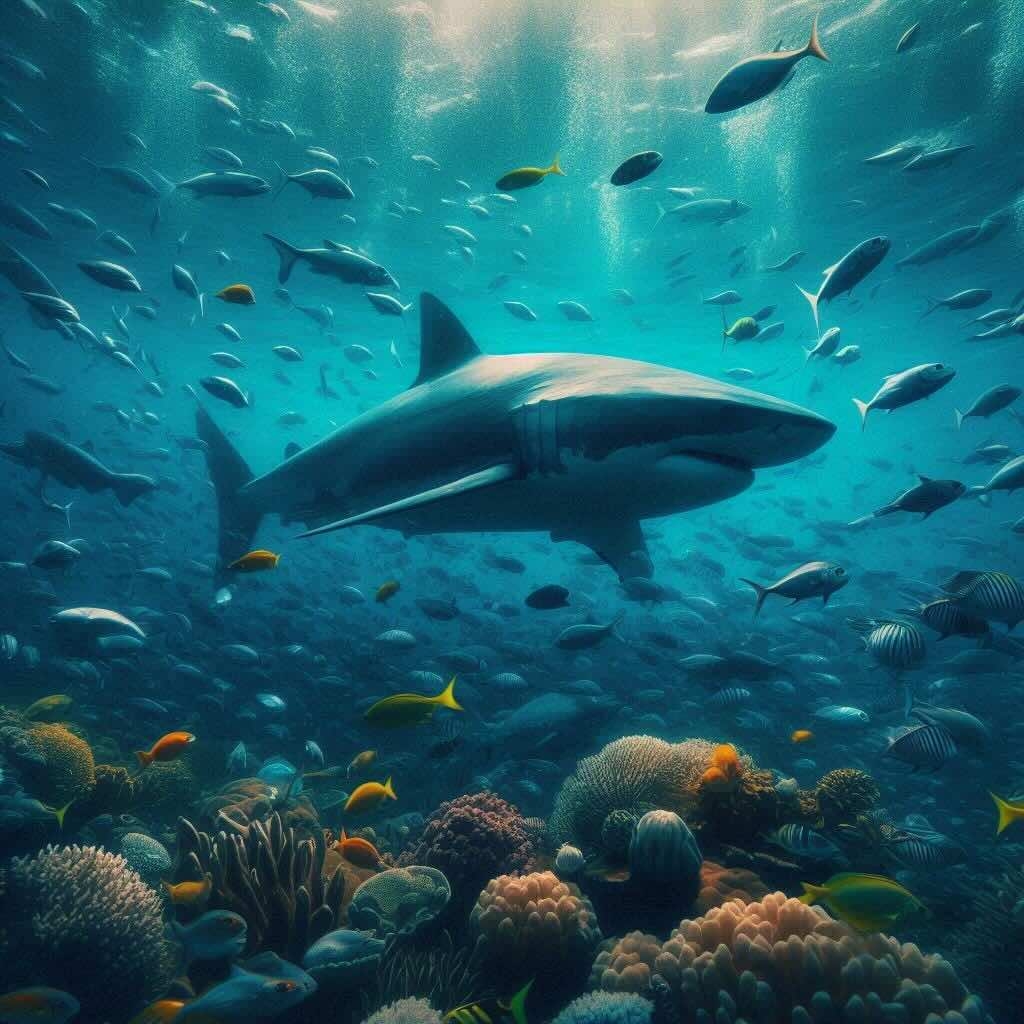 A great white shark swims through in the depths of The Great Blue Hole, with colourful coral reefs in the background.