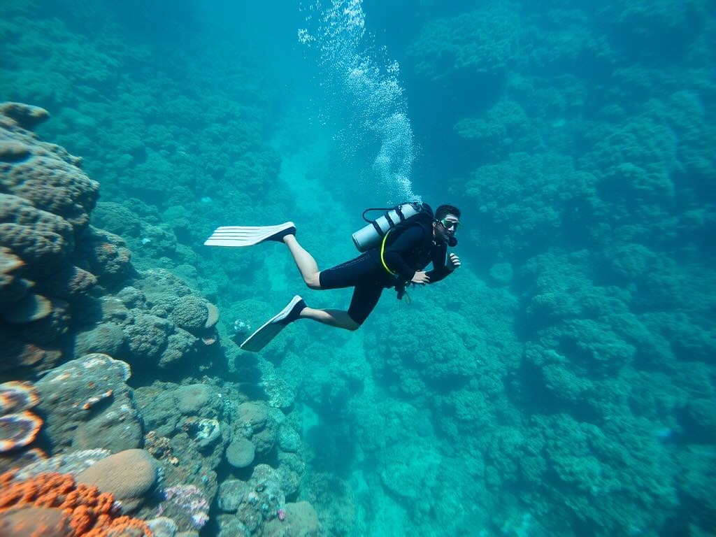 A scuba diver navigating the coral reef, moving gently to protect the marine life, respecting the underwater environment.