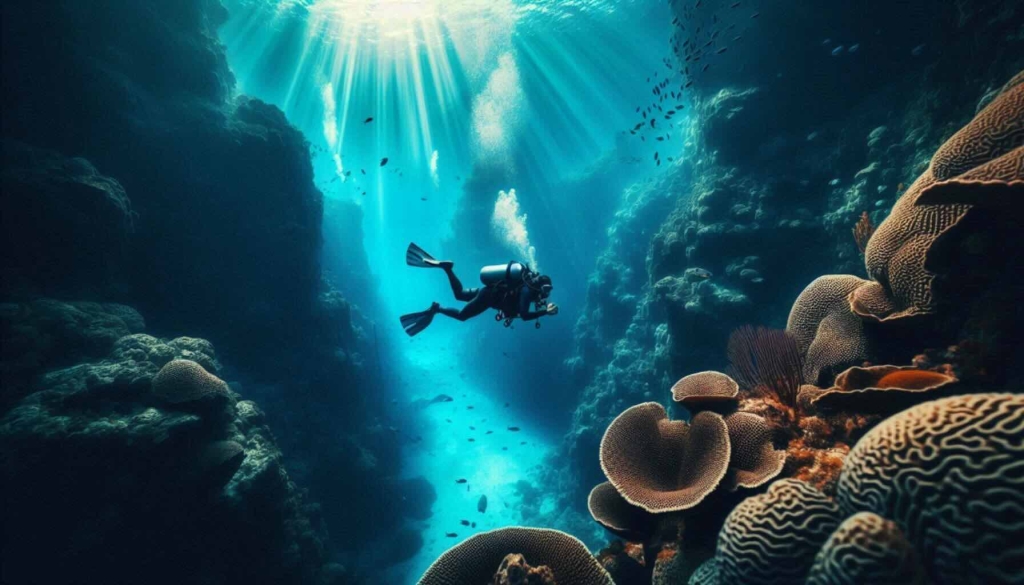 A scuba diver explores the depths of the Great Blue Hole in Belize, discovering the wonders of the deep ocean.