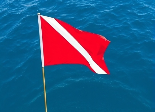 A diver-down flag flies over the water, indicating to boaters that divers or snorkelers are in the water below.