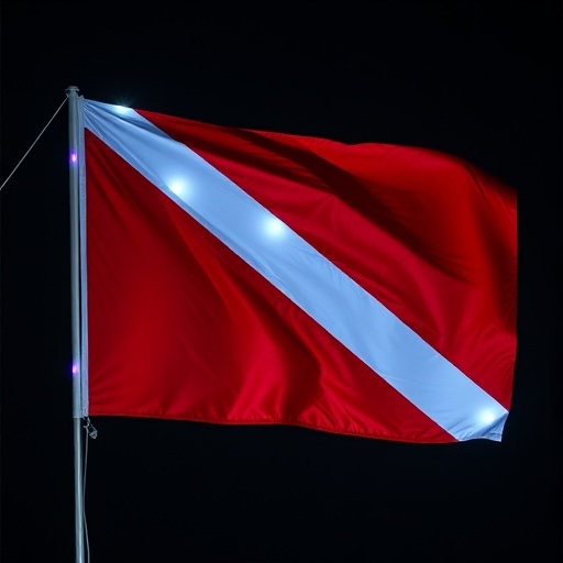 A red and white flag featuring a white stripe, designed for night diving with lights to signal a submerged diver's presence.