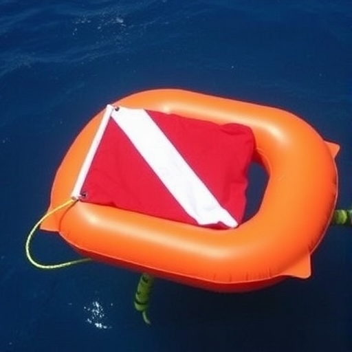  A bright inflatable float with a red and white diver down flag, designed for divers to signal their presence underwater.