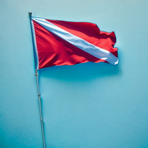 A red and white scuba diving flag waves in the ocean, signaling to boaters about divers below the surface.