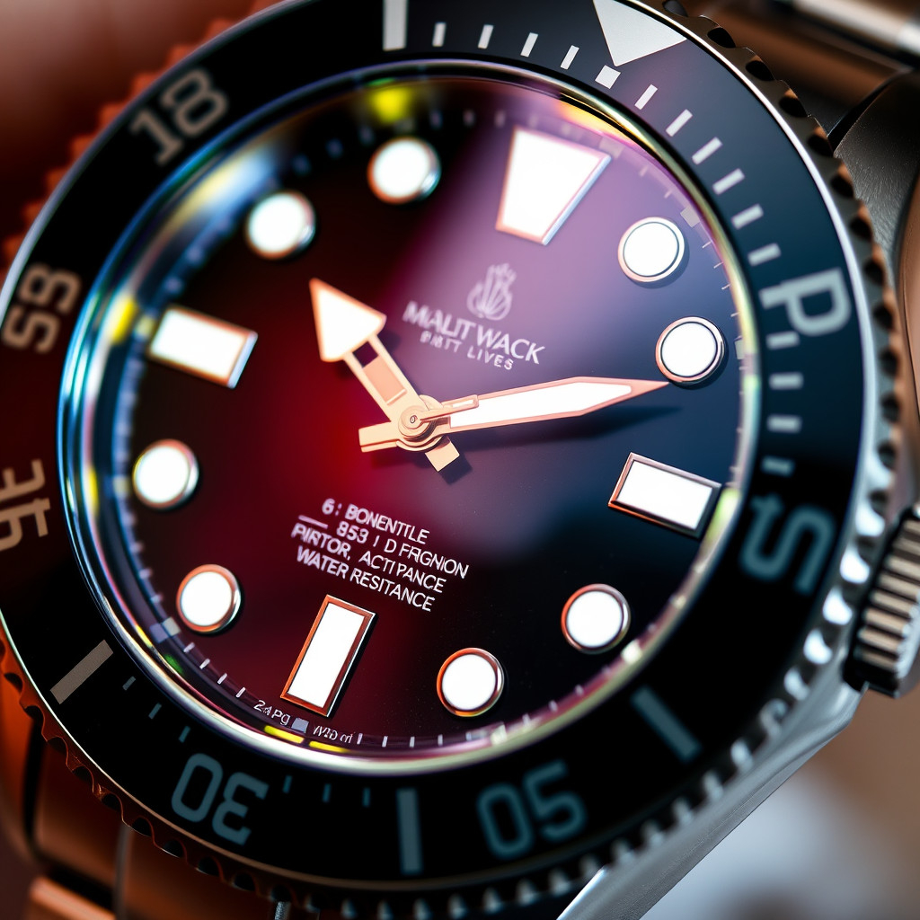 Close-up of dive watch highlighting bezel, luminescent markers, and water resistance