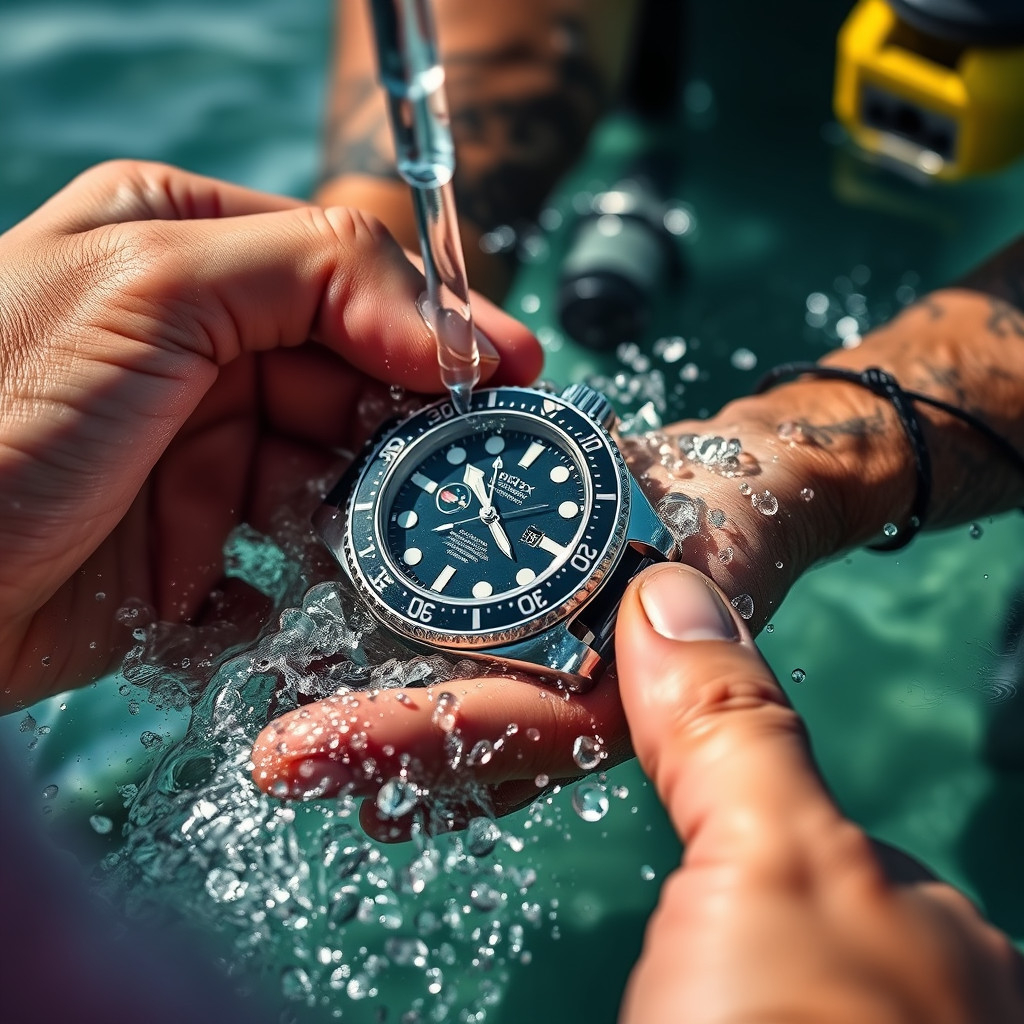 Divers rinsing a dive watch under fresh water after a dive