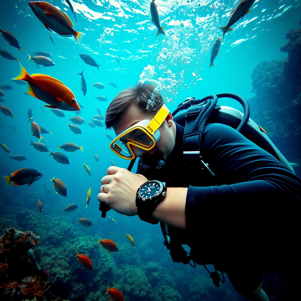 Diver underwater checking dive watch surrounded by vibrant marine life