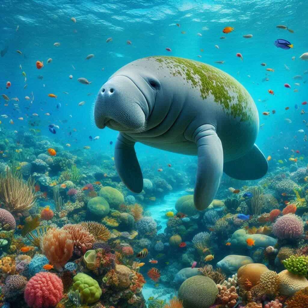 A manatee glides through the ocean, surrounded by vibrant coral, showcasing its serene underwater habitat.