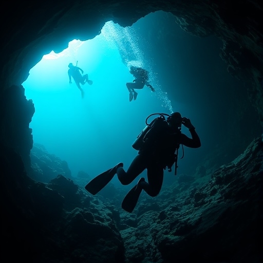 Divers navigating through a breathtaking underwater cave, highlighting the thrill and risks of cave diving exploration.