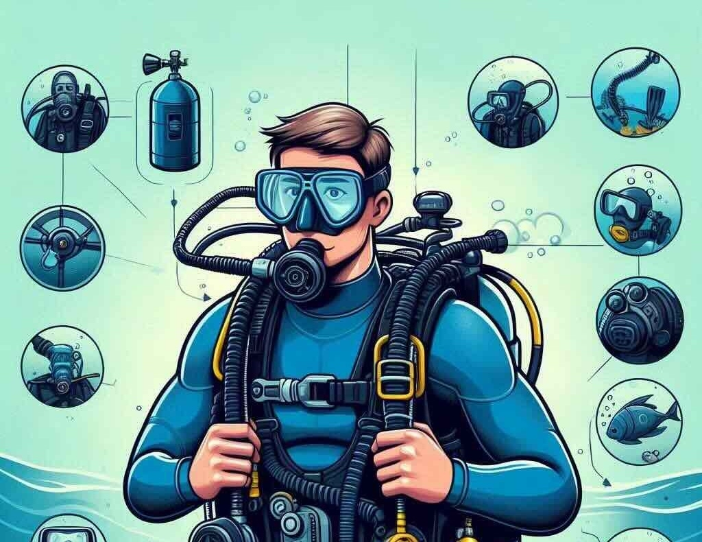  A detailed illustration of scuba diving gear, explaining the mechanics of SCUBA equipment for underwater exploration.