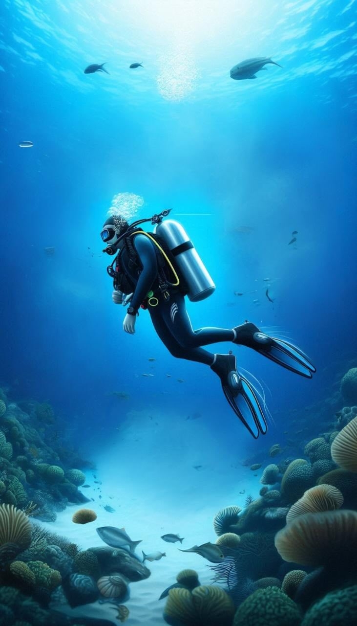 A scuba diver ascends slowly through clear waters to avoid decompression sickness, surrounded by colorful coral reefs.