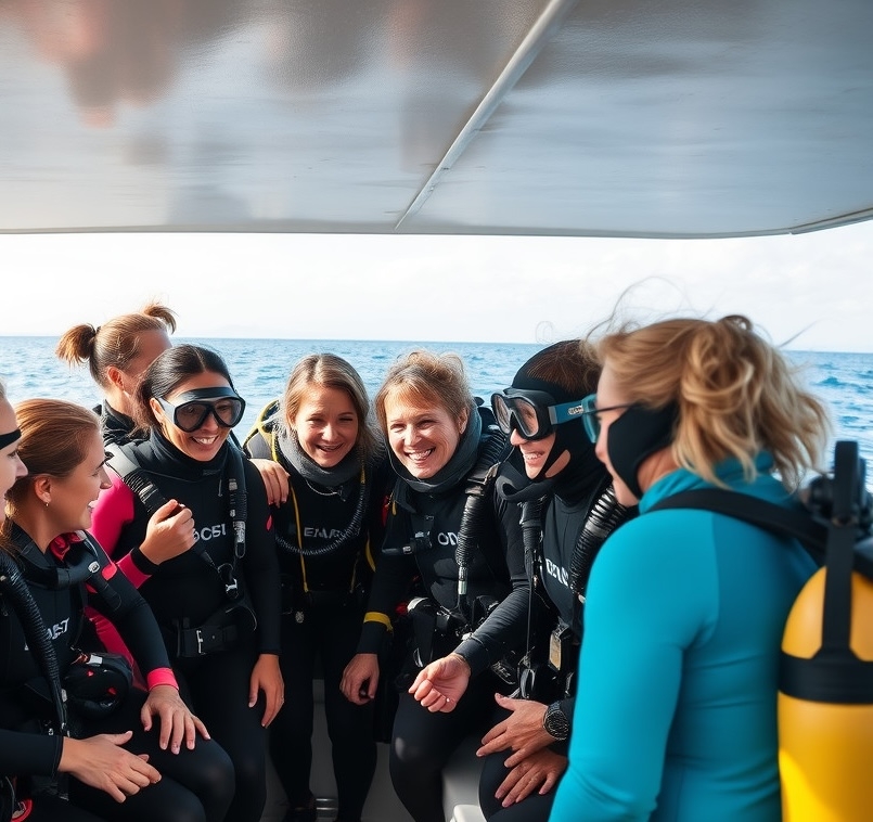 Group of women scuba divers bonding on a boat, representing supportive diving community