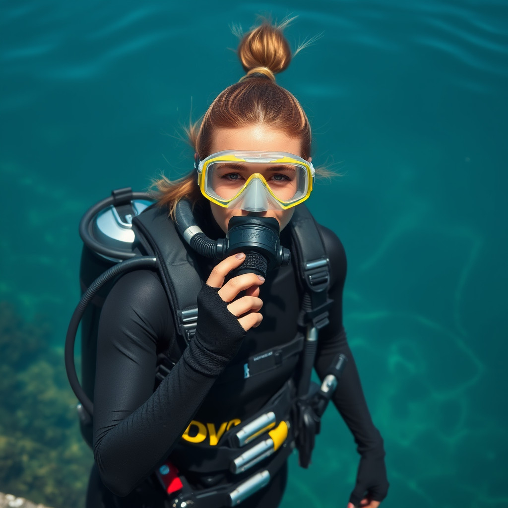 Woman diver calmly preparing to dive, representing overcoming challenges