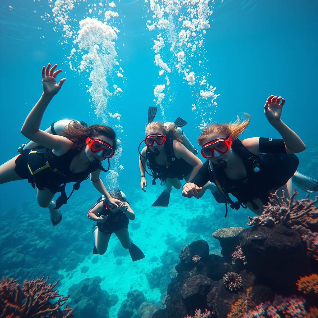 Women scuba divers exploring a coral reef together underwater, highlighting community and gear use